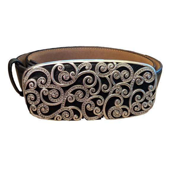 BRIGHTON Black Leather Belt with Silver Filagree Buckle Size 36 Made in USA - Picture 1 of 4